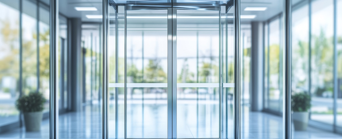 modern glass revolving door in a spacious lobby with natural light and greenery creating a welcoming atmosphere three floors high