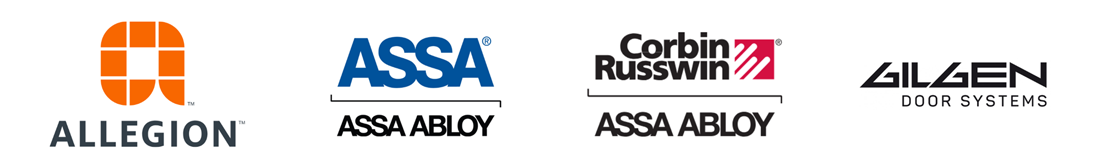 logos of Allegion ASSA ABLOY Corbin Russwin and Gilgen Door Systems featuring advanced security solutions for commercial door systems