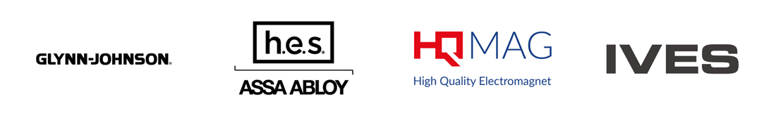 logos of Glynn-Johnson Assa Abloy h.e.s. HQMAG High Quality Electromagnet and IVES showcasing six innovative brands in security solutions