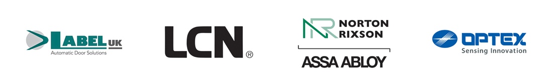 logos of automatic door solutions including LABEL UK LCN Norton Rixson Assa Abloy and Optex offering four innovative options for entry systems