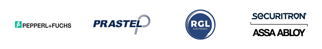 Logos of five companies including Pepperl+Fuchs, Prastel, RGL Electronics, Securitron, and Assa Abloy in a horizontal arrangement with a modern design featuring the number 7 to represent technology advancement.