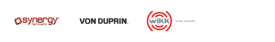 Synergy hardware Von Duprin logo and wikk logo showcasing innovative access solutions in a modern design emphasizing accessibility with 5 key features